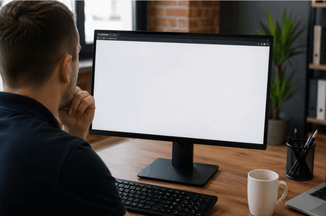 Website administrator looking at a blank computer monitor while troubleshooting the WordPress White Screen of Death.