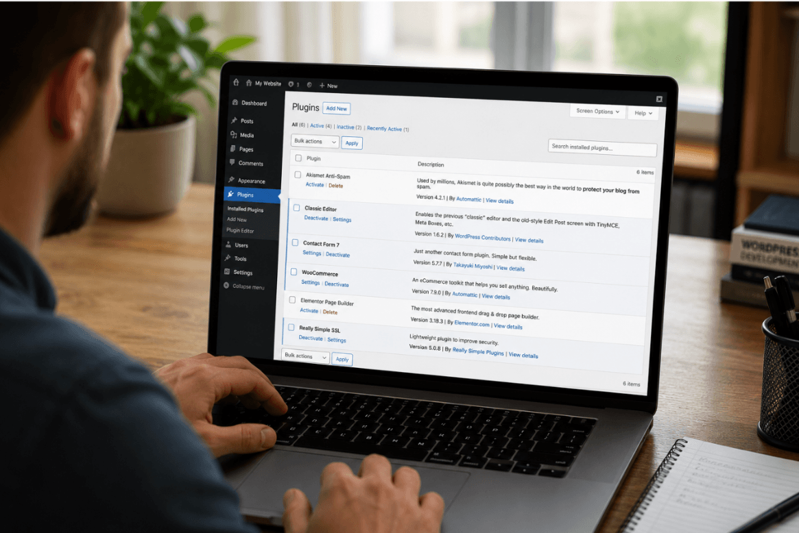 WordPress plugins page open on a laptop as a website administrator checks installed plugins for compatibility issues.