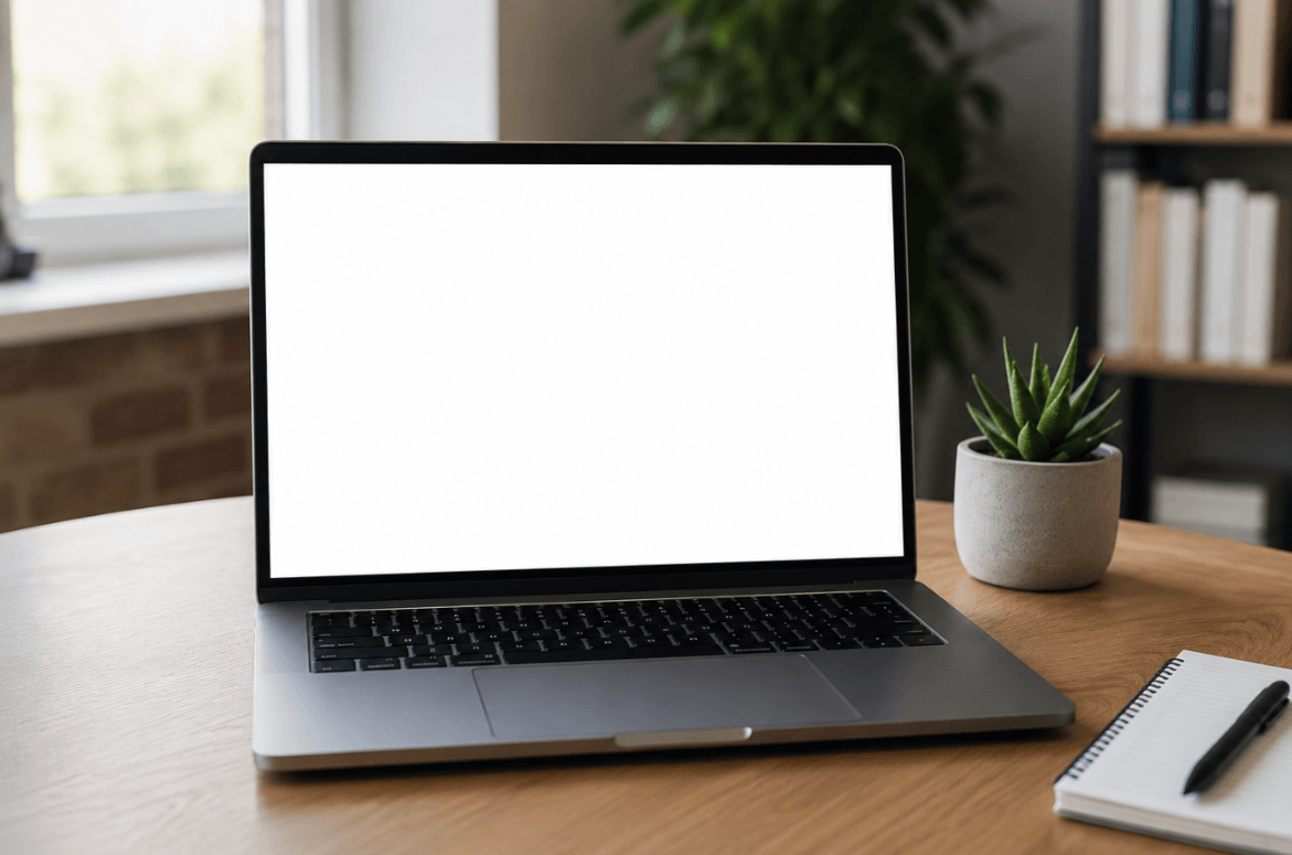 Laptop displaying a completely blank white screen on a desk representing the WordPress White Screen of Death.