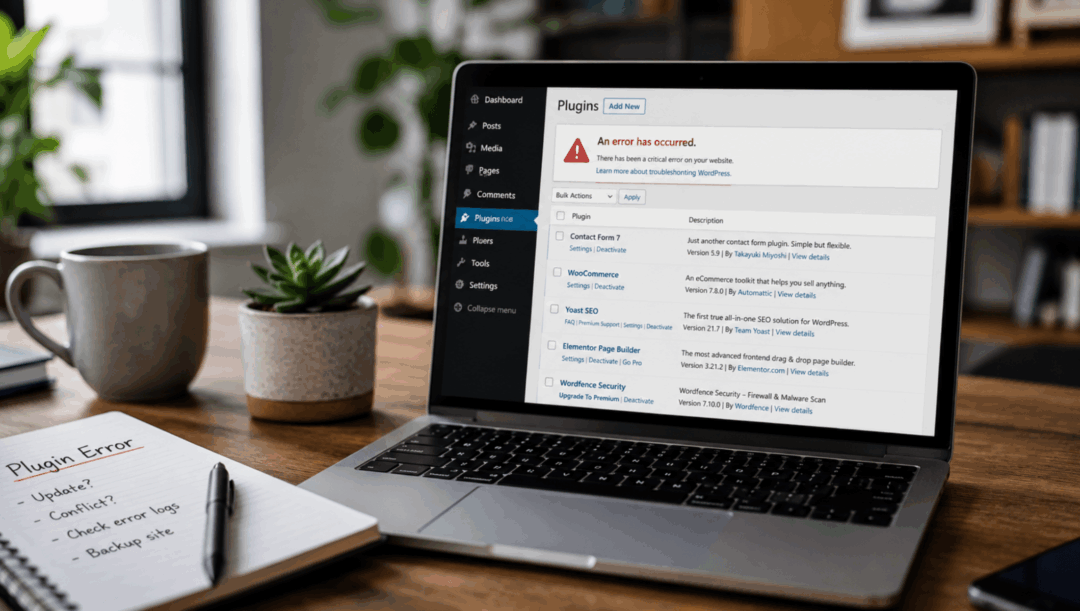 Person working on a laptop displaying a WordPress website error while troubleshooting plugin issues in a modern home office.