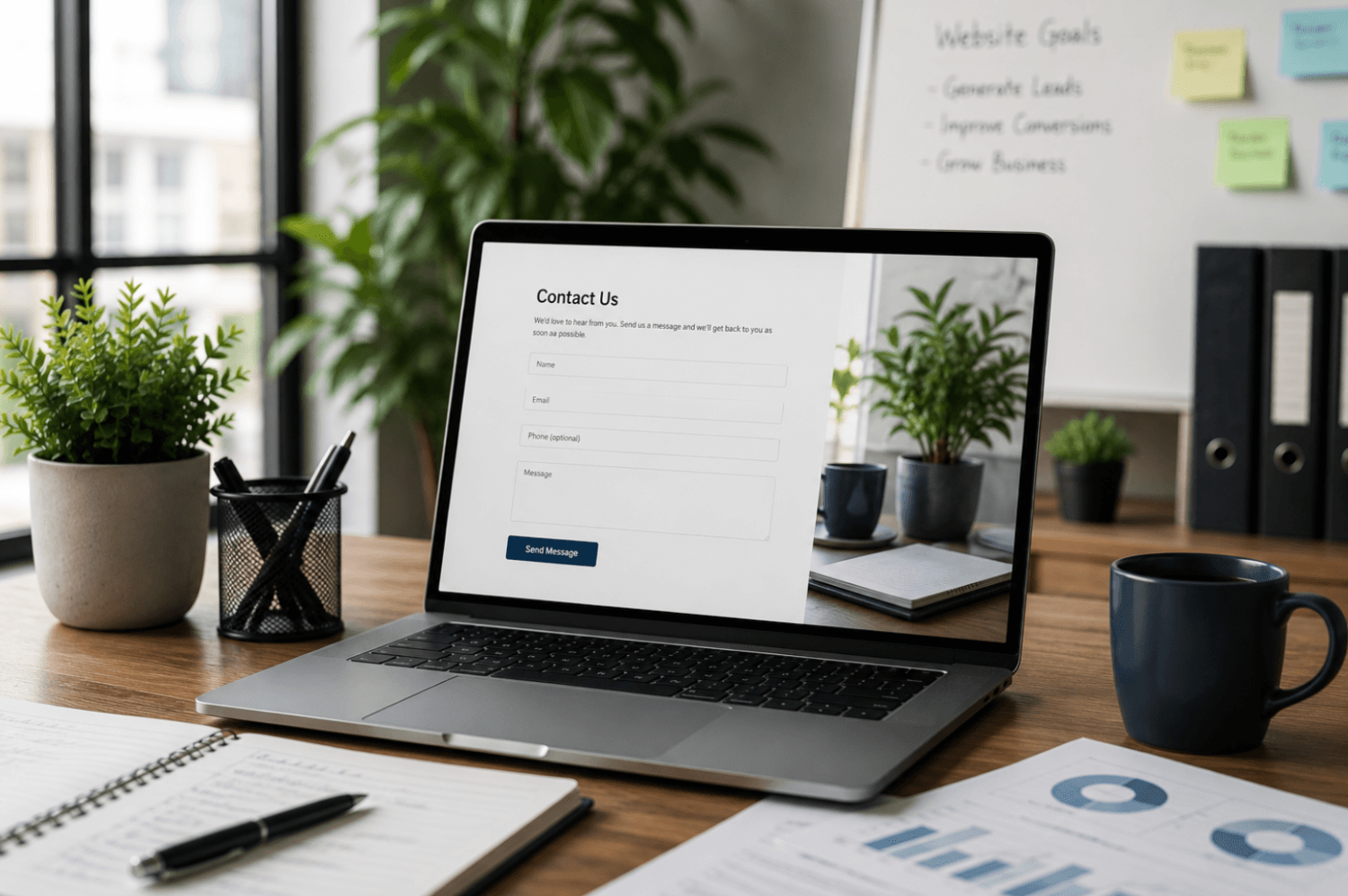 Laptop displaying a website contact form on a modern office desk with business notes and workspace accessories.