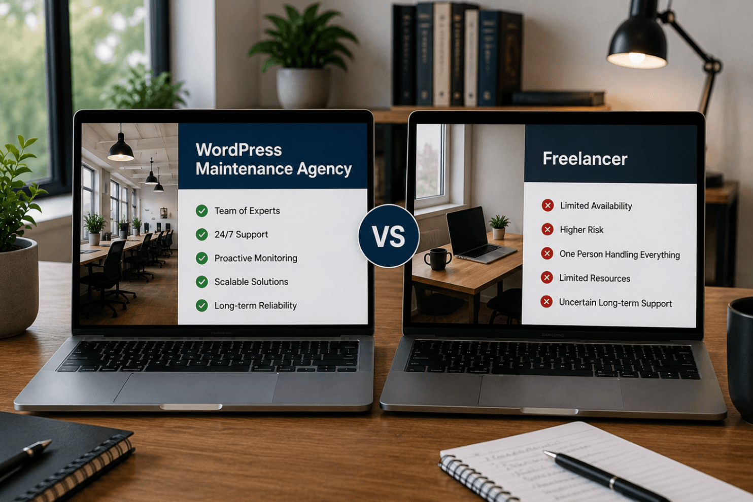 Two laptops on a modern office desk comparing a WordPress maintenance agency with a freelancer, highlighting the differences in support, expertise and long-term reliability.